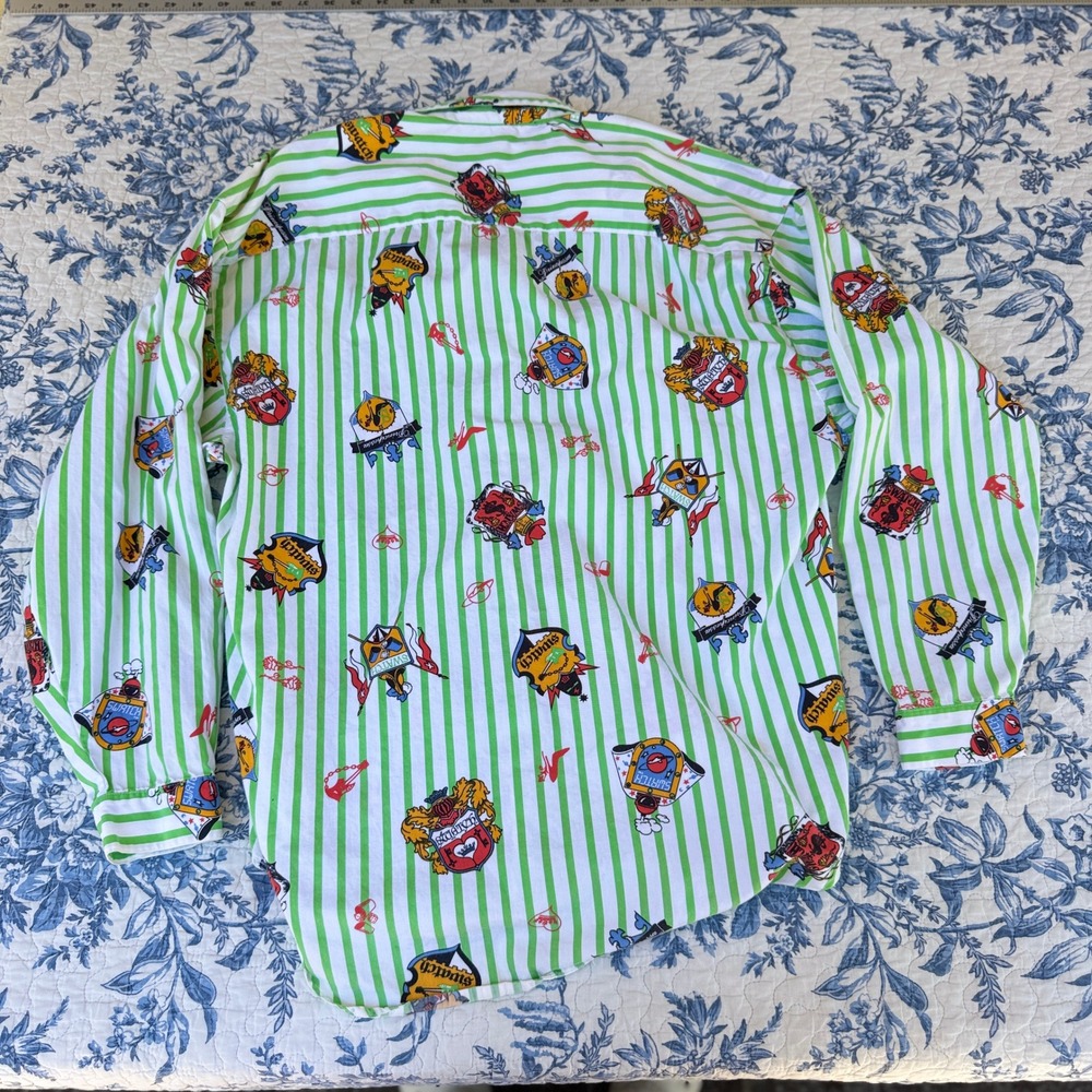 VTG! Swatch Green Striped Button Down Long Sleeve Shirt Big 2XL Quirky Logo - Picture 8 of 16